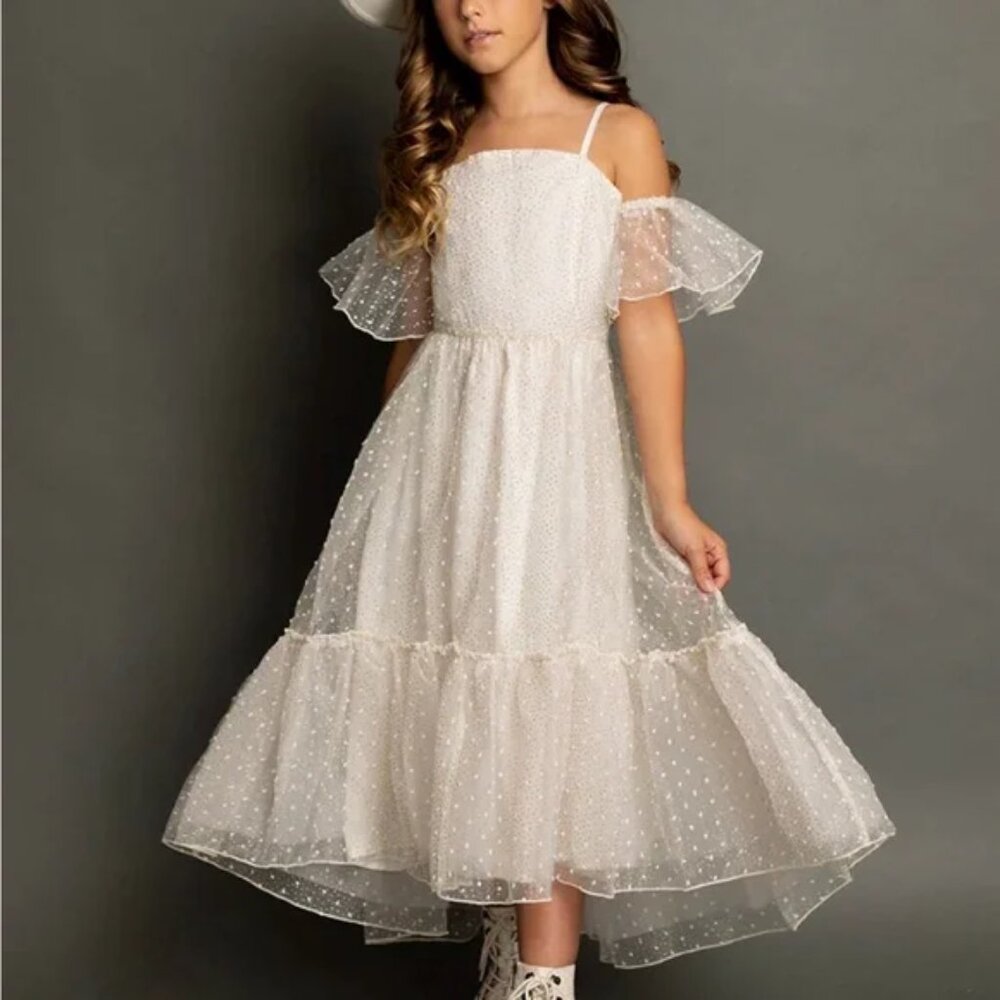 Joyfolie Flower Girl Chloe Cream Dot Ruffle Sleeve Kids Dress Like New - size 12